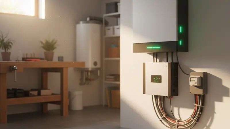 Moderner Batteriespeicher und Hybrid-Wechselrichter im Hauswirtschaftsraum installiert