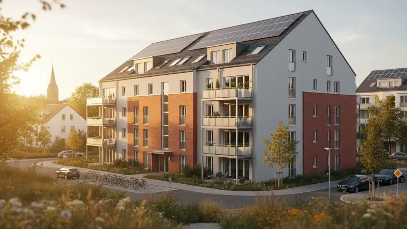 Mehrfamilienhaus mit Solaranlage auf dem Dach in einer deutschen Wohngegend