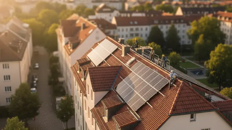 Montage von Solarmodulen auf dem Flachdach eines Mehrfamilienhauses