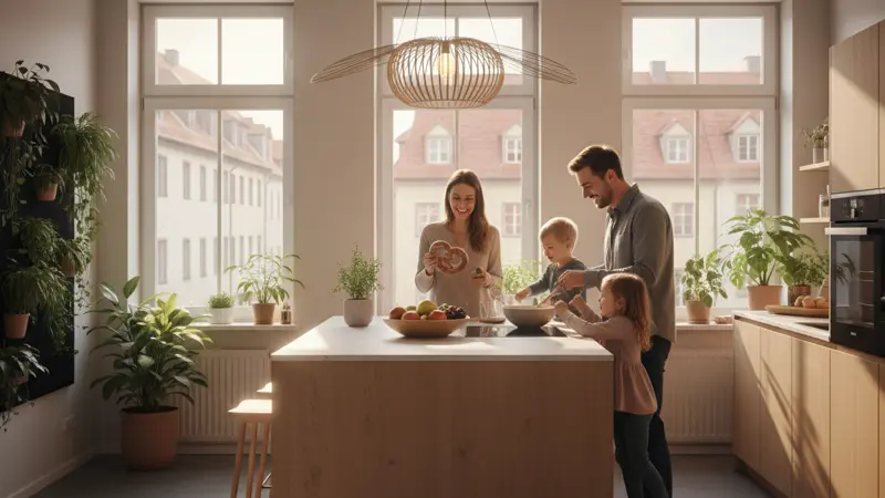 Zufriedene Familie in moderner Wohnung mit Sonnenlicht
