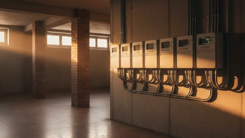 Digitale Stromzähler im Kellerraum eines Mehrfamilienhauses für Mieterstrom-Abrechnung