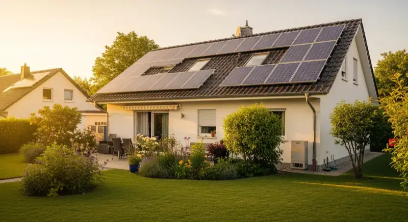 Einfamilienhaus mit Solaranlage und Speichertechnik ohne sichtbare Personen