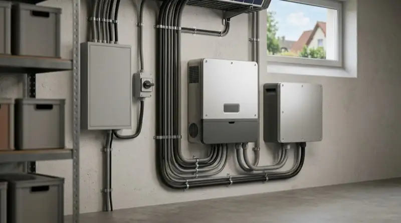 Hybrid-Wechselrichter an Kellerwand zwischen Solaranlage und Speicher