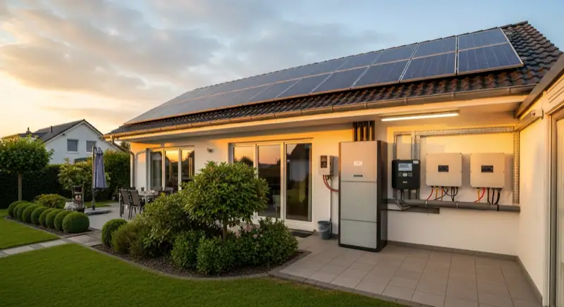Solaranlage auf Hausdach mit Batteriespeicher in einem deutschen Hauswirtschaftsraum