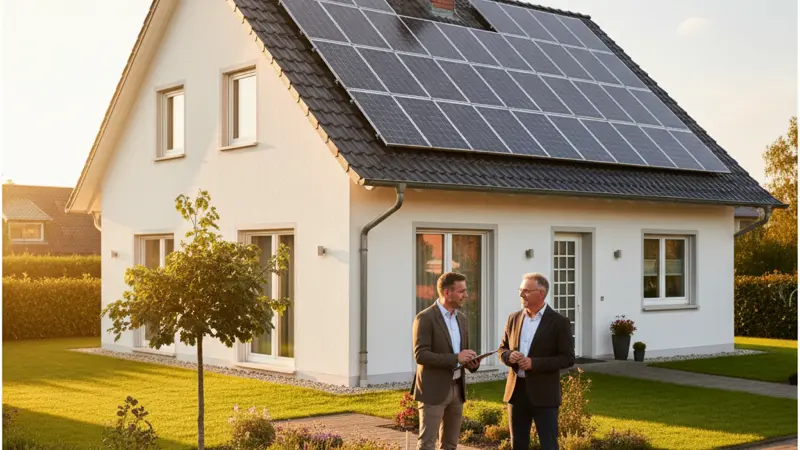 Energieberater beratet Hausbesitzer vor einem Haus mit Solaranlage