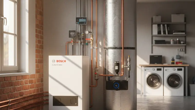 Heizungsraum mit moderner Waermepumpe und Pufferspeicher