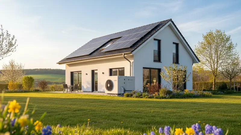 Einfamilienhaus mit Solaranlage auf dem Dach und Waermepumpe im Garten