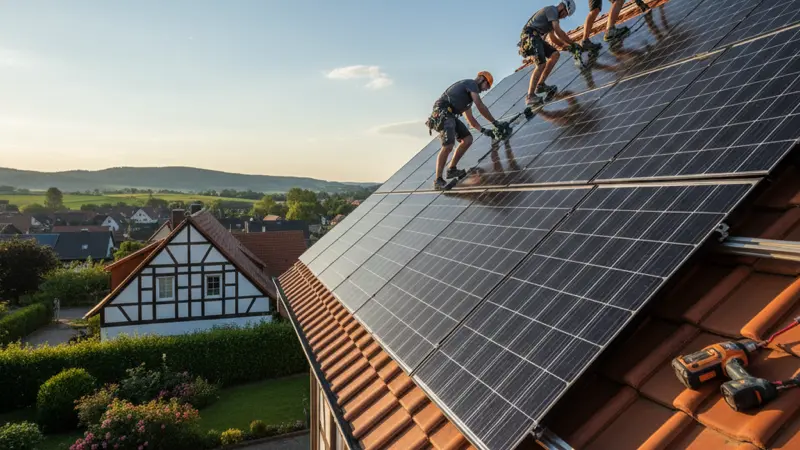 Fachbetrieb montiert Solarmodule auf einem Hausdach