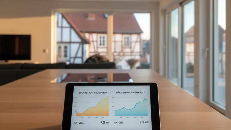 Smart Home Dashboard zeigt Solarstrom-Produktion und Waermepumpen-Verbrauch