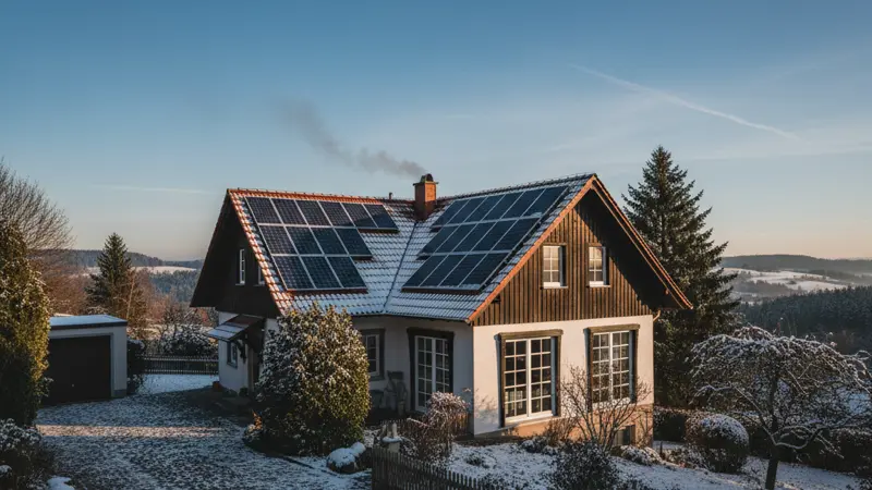 Solarmodule auf einem Hausdach im Winter