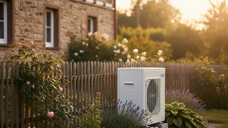 Luft-Wasser-Waermepumpe Außengeraet im Garten eines Einfamilienhauses