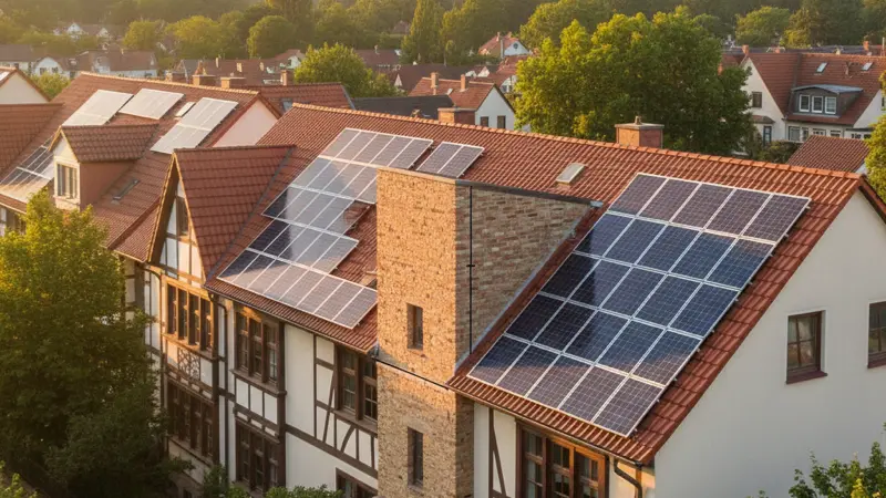 Solarmodule auf einem Reihenhaus-Dach mit sichtbarer Brandwand und Sicherheitsabstand