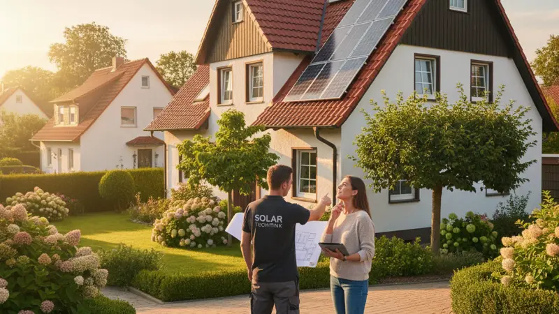 Fachberater und Hauseigentümer besprechen die Solaranlagen-Planung vor Ort am Dach