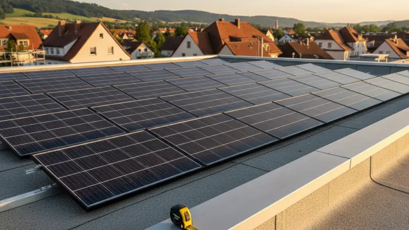 Solarmodule auf einem Flachdach mit sichtbarem Abstand zum Dachrand