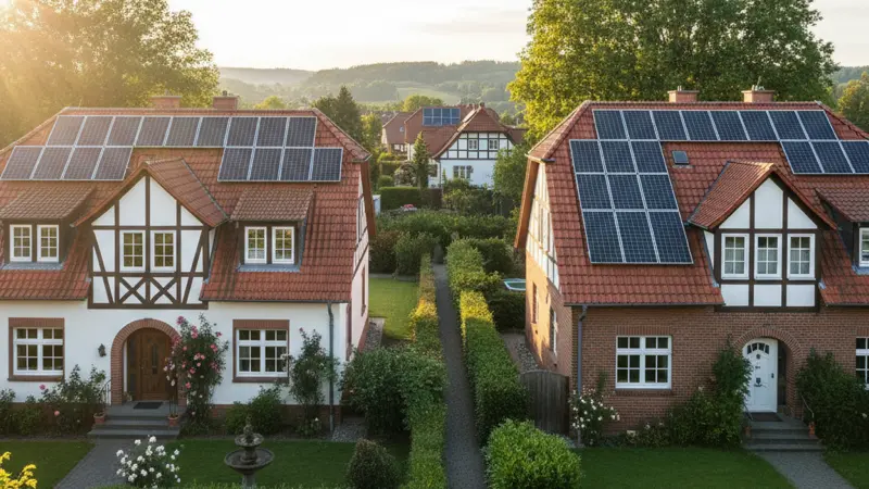 Zwei Nachbarhäuser mit Solaranlagen auf dem Dach in einer deutschen Wohnsiedlung mit sichtbarem Abstand
