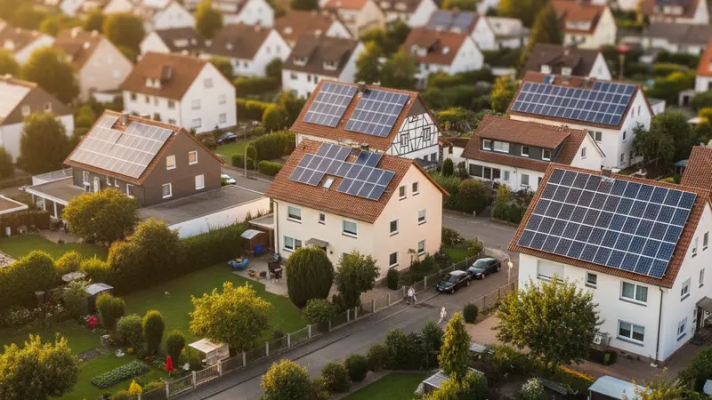 Deutsche Wohnsiedlung von oben mit Solaranlagen auf verschiedenen Dächern und sichtbaren Grundstücksgrenzen