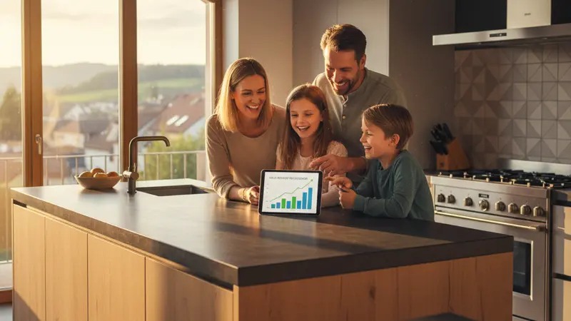 Familie nutzt Solarstrom-Monitoring auf dem Tablet in der Küche
