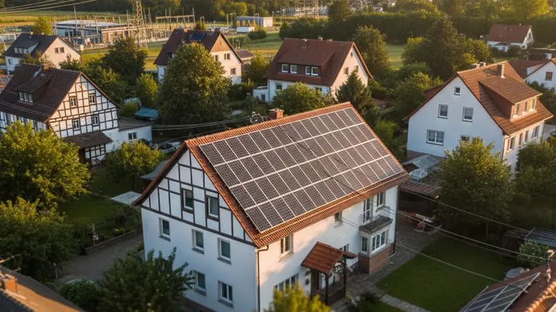 Solaranlage auf einem Einfamilienhaus mit sichtbarer Netzanbindung an das Stromnetz