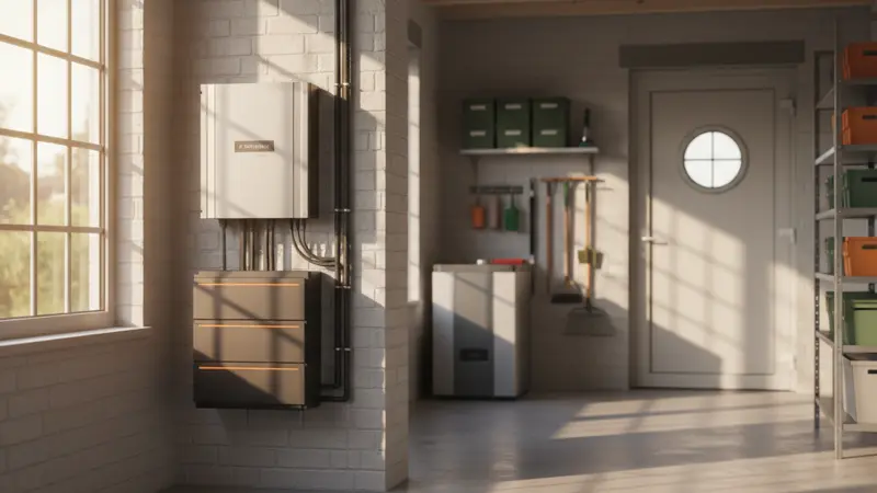 Moderner Batteriespeicher mit Hybrid-Wechselrichter an der Wand eines Hauswirtschaftsraums