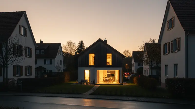 Deutsche Wohnsiedlung bei Nacht während eines Stromausfalls, ein Haus mit Solarstrom beleuchtet