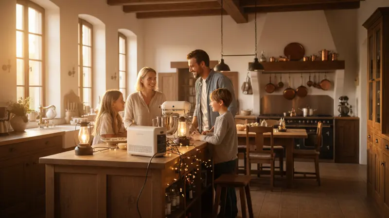Familie in beleuchteter Küche während eines Stromausfalls dank Solaranlage mit Notstromfunktion