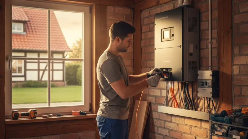 Elektriker installiert Hybrid-Wechselrichter und Netzumschalter für Notstromversorgung
