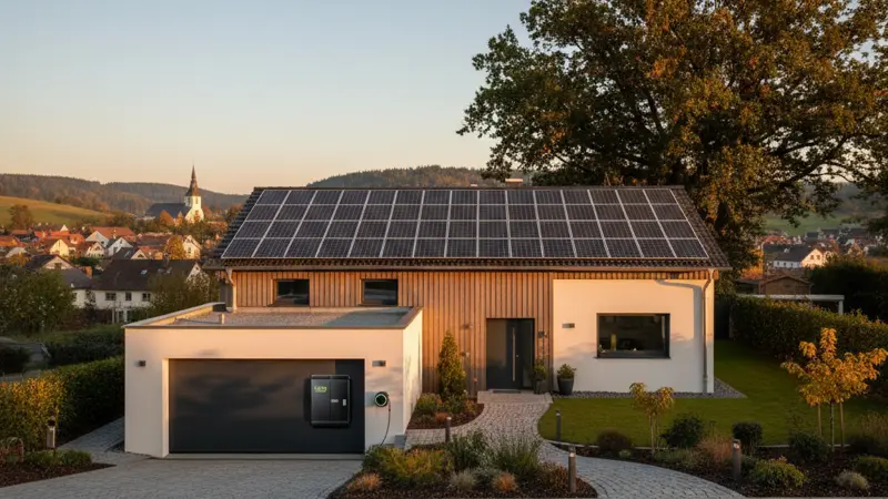 Einfamilienhaus mit Solaranlage und Batteriespeicher für Notstromversorgung