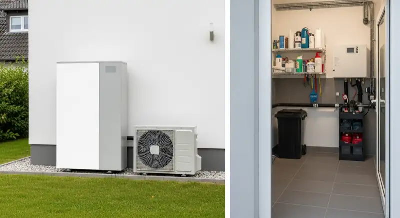 Wärmepumpe an einem deutschen Einfamilienhaus mit sauberer technischer Installation