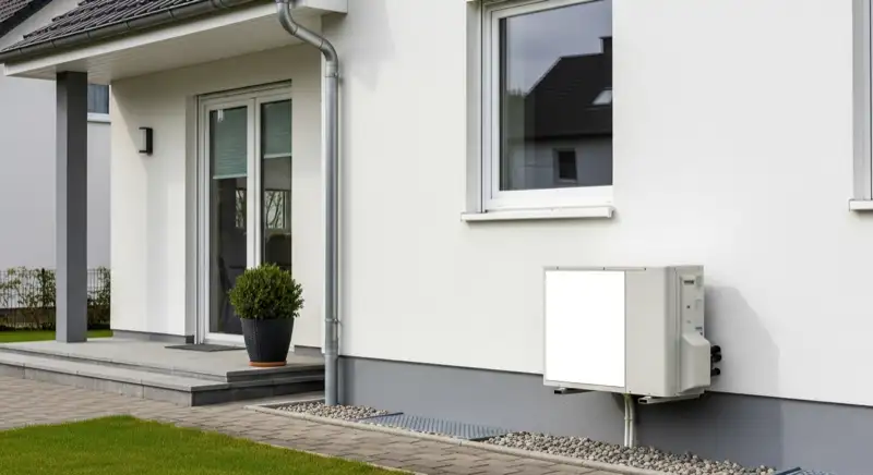 Wärmepumpe an einem deutschen Einfamilienhaus mit sauberer technischer Installation