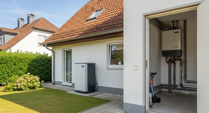 Wärmepumpe an einem deutschen Einfamilienhaus mit sauberer technischer Installation