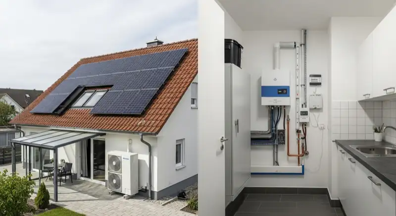 Wärmepumpe an einem deutschen Einfamilienhaus mit sauberer technischer Installation