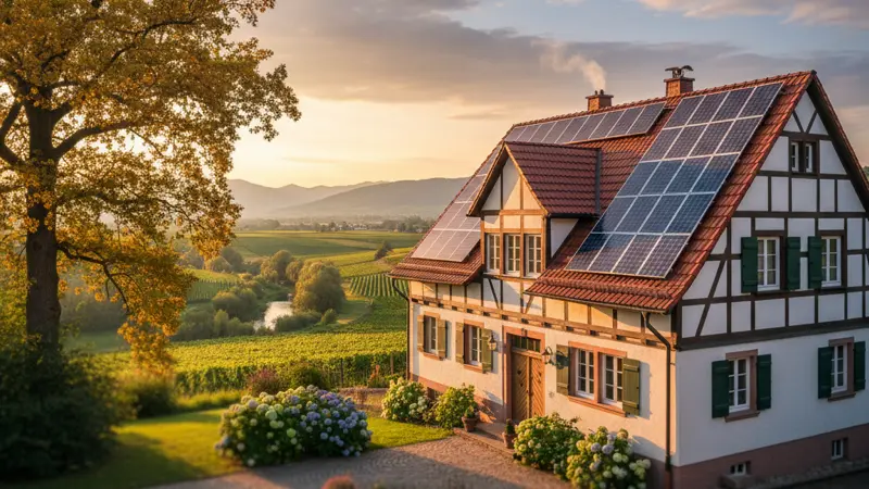 Solaranlage auf der Westseite eines Hausdachs bei Sonnenuntergang mit goldenem Licht
