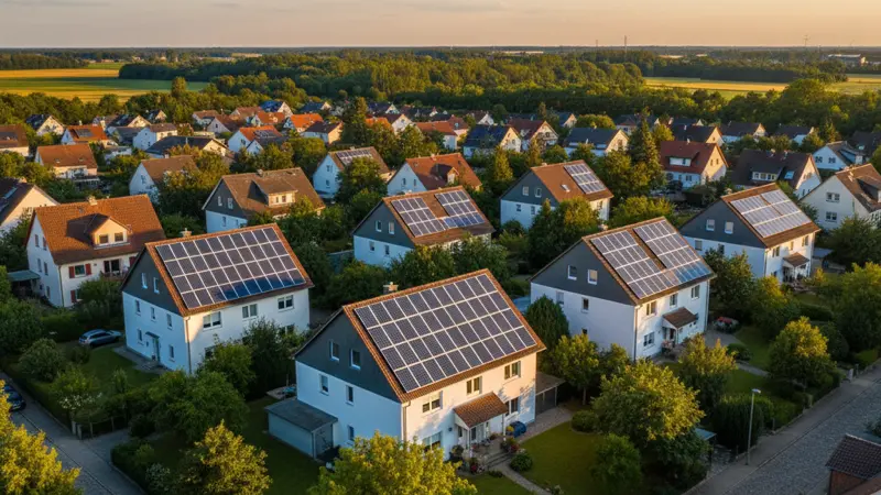 Luftaufnahme einer Wohnsiedlung mit Solaranlagen auf Ost-West-Dächern
