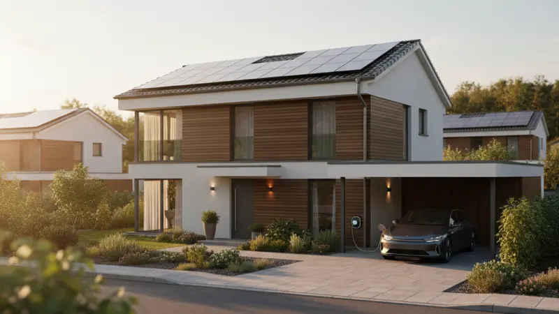 Modernes Haus mit E-Auto-Ladestation und Solaranlage auf Ost-West-Dach