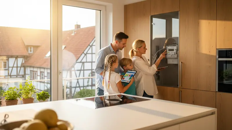 Familie prüft Solarertrag auf Tablet in moderner Küche bei Tageslicht
