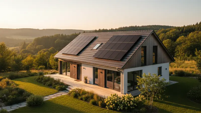 Einfamilienhaus mit Solarmodulen auf beiden Seiten eines Ost-West-Satteldachs bei Sonnenschein