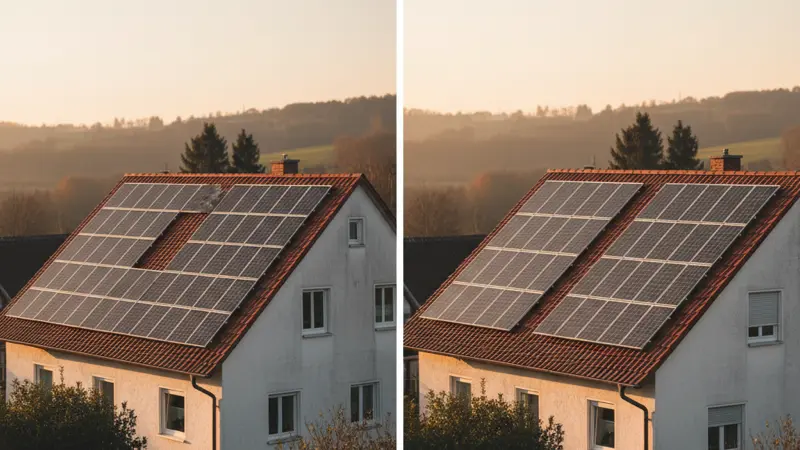 Vergleich von Solarmodul-Layouts auf Süddach und Ost-West-Dach bei ähnlichen Häusern