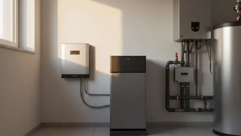 Wechselrichter und Batteriespeicher in einem modernen Hauswirtschaftsraum installiert