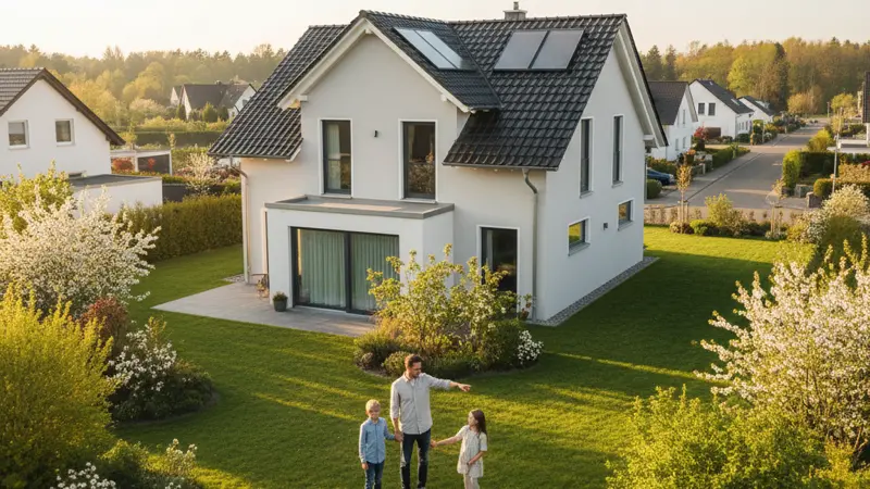 Familie vor Einfamilienhaus mit Solarthermie-Anlage auf dem Dach