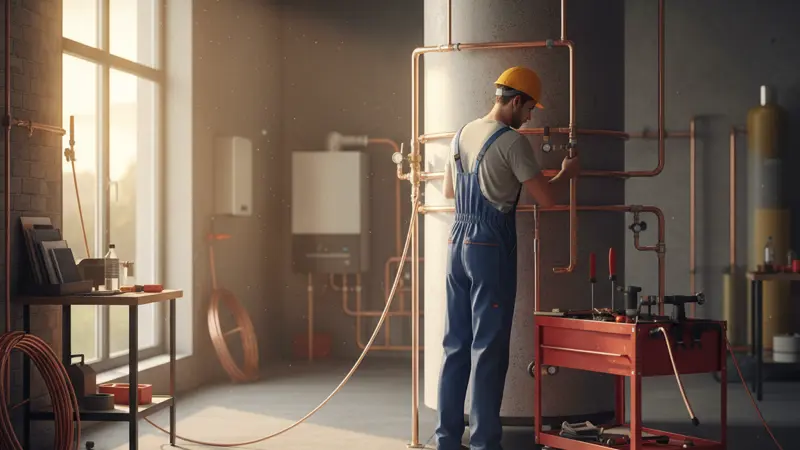 Heizungsbauer installiert Pufferspeicher und schließt Kupferrohre an