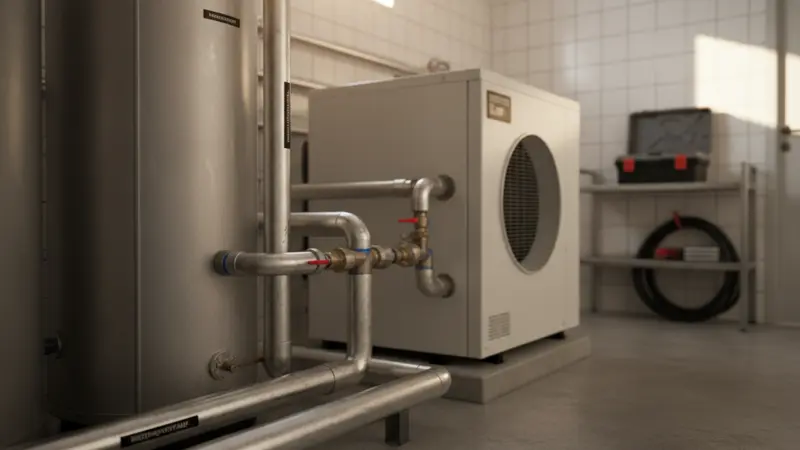 Kombispeicher neben einer Wärmepumpe im modernen Heizungskeller