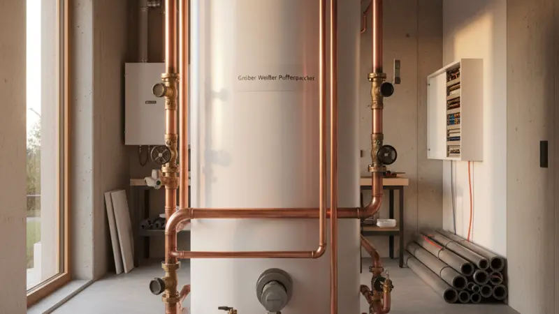 Weißer Pufferspeicher im modernen Heizungsraum eines Einfamilienhauses mit Kupferrohren