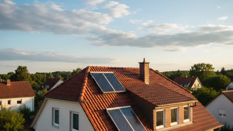 Solarthermie-Flachkollektoren auf einem roten Ziegeldach bei blauem Himmel
