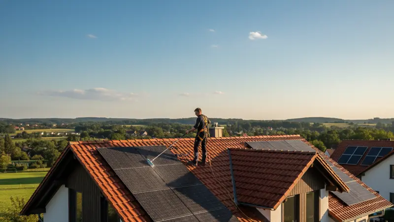 Professionelle Reinigung einer Solaranlage auf einem Hausdach mit Teleskopbürste und VE-Wasser
