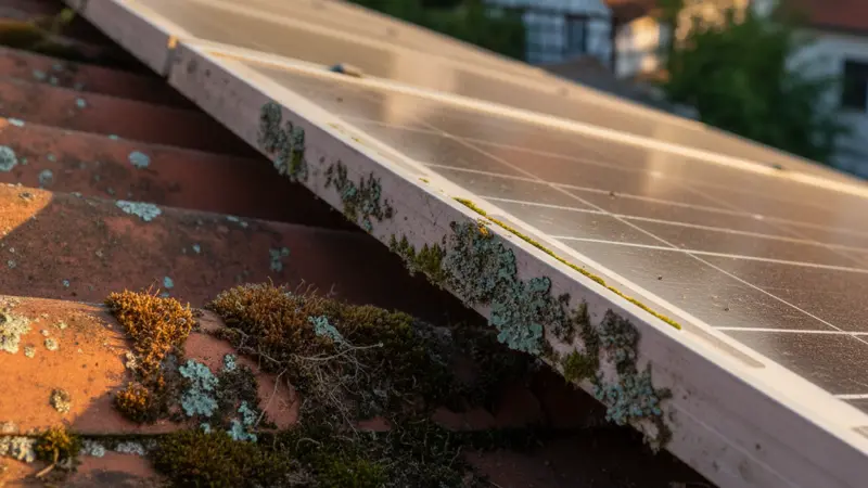 Moos- und Flechtenbefall an der unteren Kante eines Solarmoduls