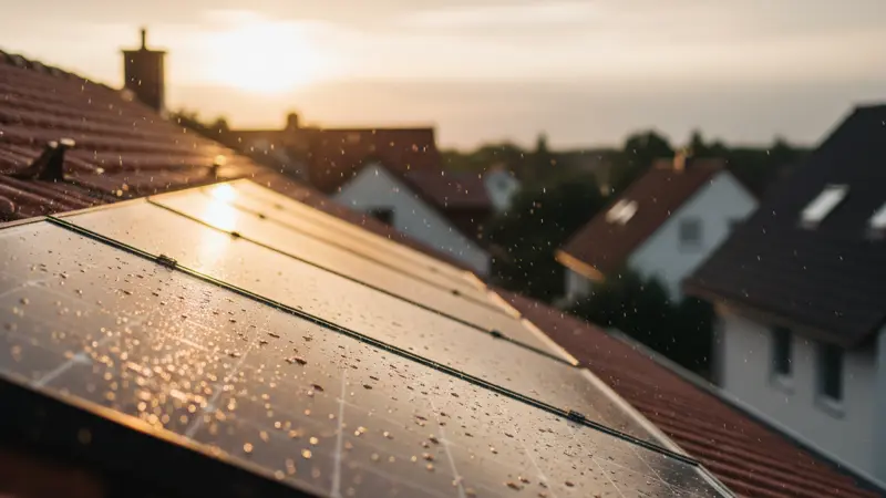 Regentropfen auf Solarmodulen bei Dachneigung von 30 Grad, Wasser läuft ab und nimmt Staub mit