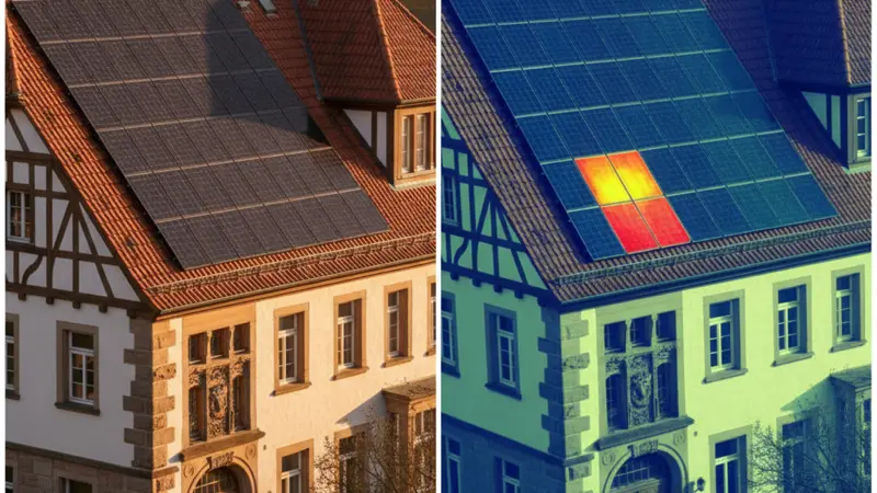 Wärmebildkamera-Aufnahme einer Solaranlage mit einem sichtbaren Hotspot auf einem Modul