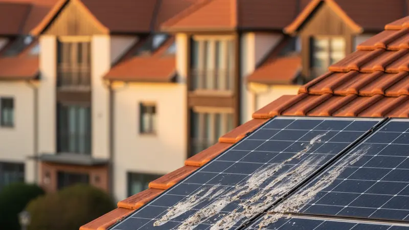 Nahaufnahme von Vogelkot-Verschmutzung auf einem Solarmodul mit sichtbarer Zellenabschattung