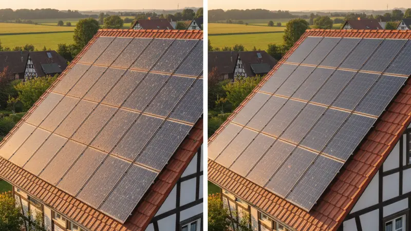Vorher-Nachher-Vergleich einer Solarmodul-Reinigung: links verschmutzt, rechts sauber und glänzend