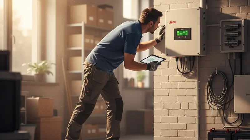 Techniker prüft den Wechselrichter einer Solaranlage auf Fehlermeldungen und Lüftung